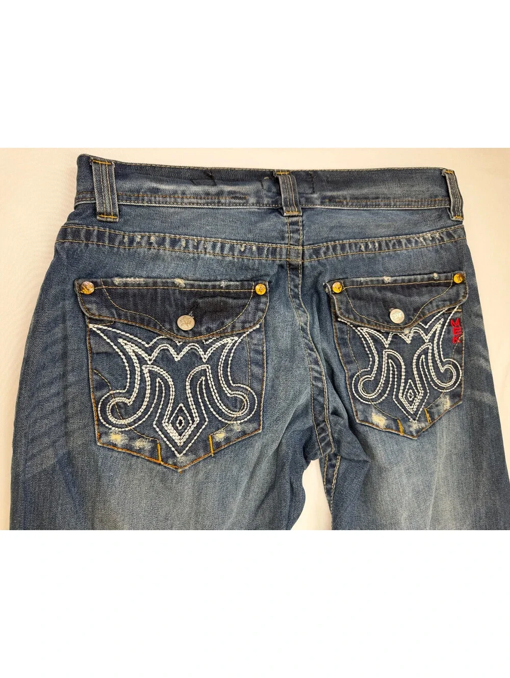 MEK DNM Men's Jeans Oaxaca Denim Bootcut Distressed Mid Rise Solid Size 36 Blue